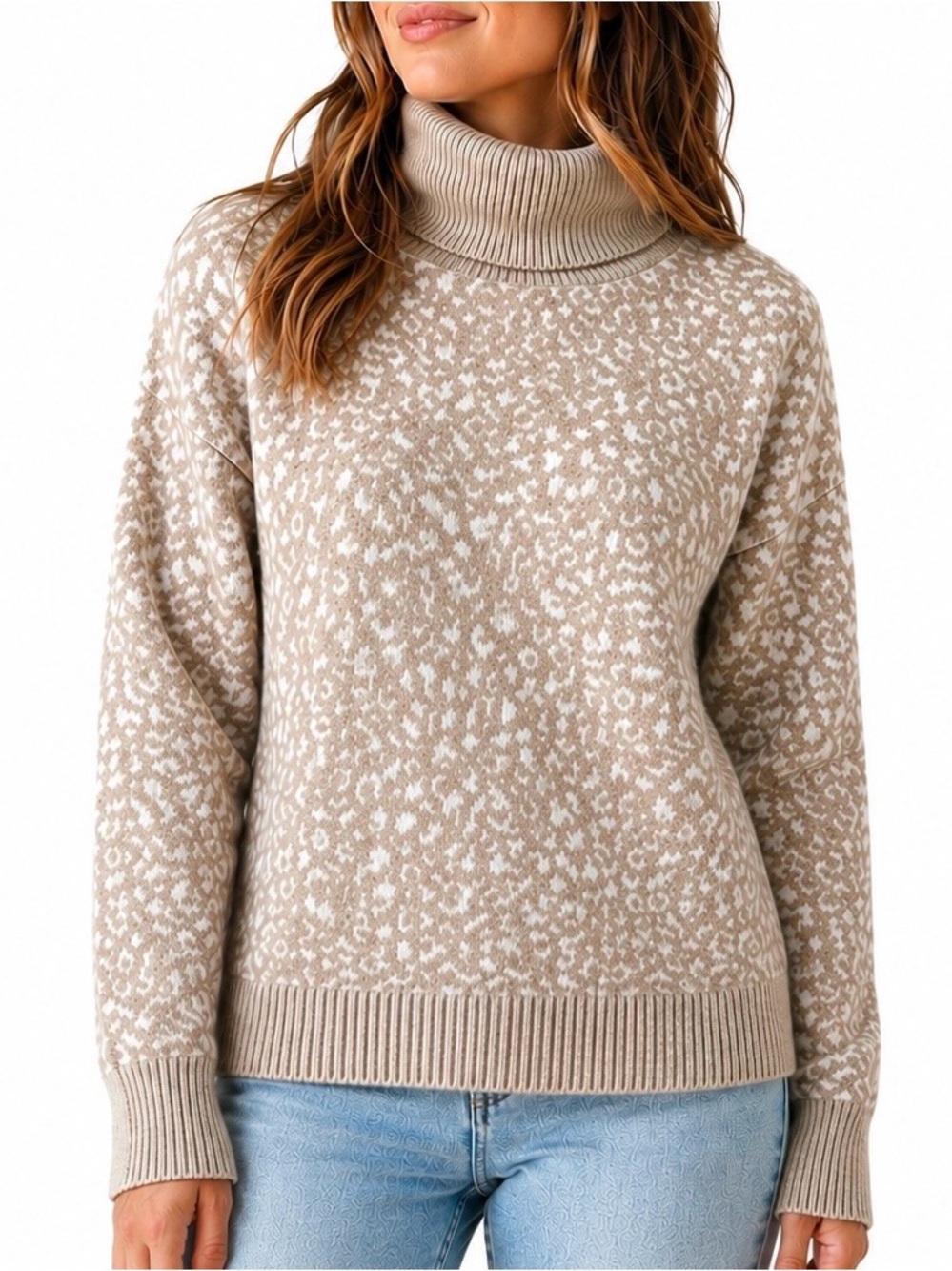 RACHEL ZOE Tan White Animal Printed Soft Cowl Neck Sweater Women's Size XL